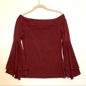 Maroon Express Knit Bell Sleeve Off the Shoulder Top